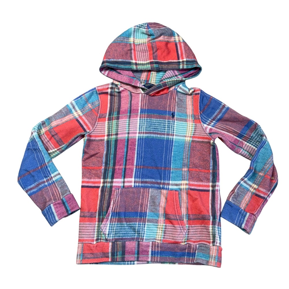 Polo Ralph Lauren Plaid Hoodie Kids Size L 12-14 Multi Color Excellent Preppy